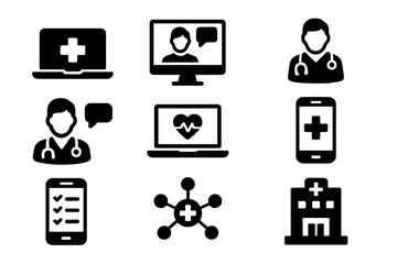 Telemedicine solid icon set with telehealth, virtual doctor consultation, remote healthcare, medical app, smart hospital. Digital health glyph symbols for online clinic and e-health.