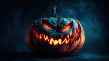 Halloween concept An artistic close-up of a creatively carved jack-o-lantern with a complex design illuminated from within on a dark moody background