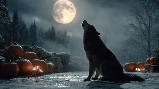 Halloween night with a werewolf howling at the moon surrounded by eerie fog pumpkins and a haunted forest backdrop
