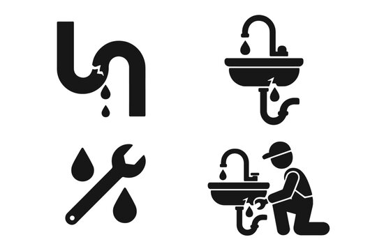 Plumbing problem icon set. Water leakage concept. Broken pipe repair symbol. Leaking sink and dripping faucet. Plumber service. Technician with wrench. Home maintenance.