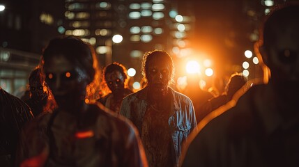Halloween concept Zombie Apocalypse Scene Zombies lurch toward camera through city streets lit by eerie green glow sticks