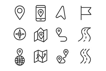Map navigation line icon set. Location, direction, GPS, destination, route. Vector outline collection. Journey, travel, trip concepts. Pin, pointer, compass, flag, globe symbols.