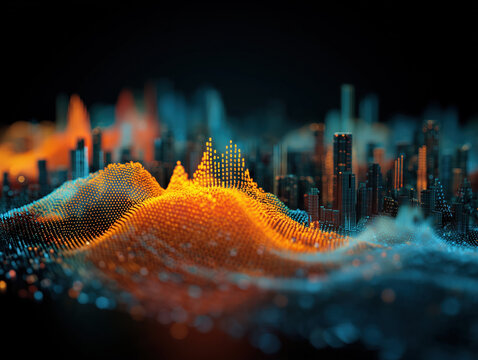 Data visualization holographic landscape digital city abstract terrain glowing particles network grid orange and teal futuristic skyline