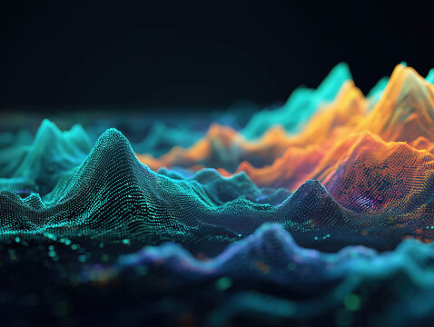 Digital data landscape with glowing particle mesh and vibrant color waves evoking dynamic analytics and futuristic insight