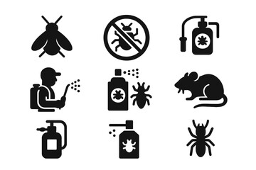 Pest control icon set with insect extermination, bug spray, pesticide, insecticide service, termite treatment, rat control, spider and pest management vector illustration
