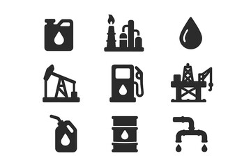 Oil and gas industry solid icon collection. Vector set includes fuel, refinery, petroleum, oil well, gas pump, offshore platform, lubricant, oil barrel, and energy symbols.