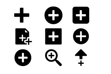 Obraz premium Plus Sign Icon Set with Add, More, New, Copy, Augmentation, Positive, Create, Zoom Symbols, Solid Vector Icons Collection for UI and Design