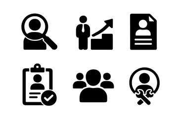 Recruitment icon set with headhunting, career growth, resume, job hiring, candidate profile, human resource management icons, solid vector collection with transparent background