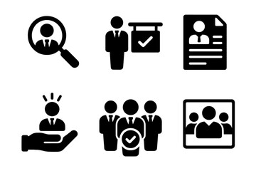 Recruitment icon set for career, headhunting, job hiring, candidate selection, resume evaluation, human resource management, professional networking, solid vector illustration collection
