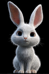 Obraz premium Adorable cartoon rabbit sitting against a dark background, showcasing its big eyes and fluffy fur