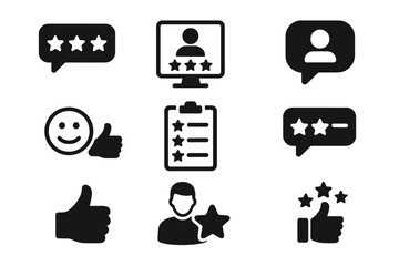 Review icon set collection with feedback, rating, testimonial, satisfaction, comment, opinion, like, customer recommend, approval, star ratings and user satisfaction silhouette symbols