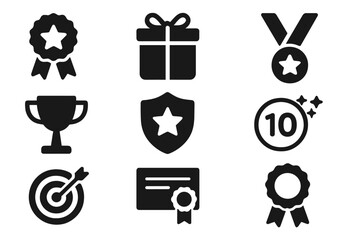 Reward icon set vector collection, including award, prize, medal, gift, trophy, badge, points, achievement, certificate, recognition symbols, solid design illustrations