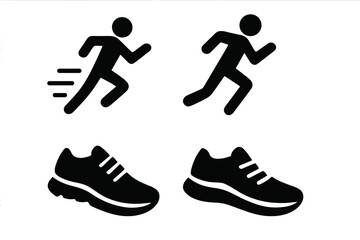 Running icon set with dynamic runner and sleek running shoe symbols. Vector illustration with transparent background. Fitness, sport, jogging, exercise, athletic design, performance