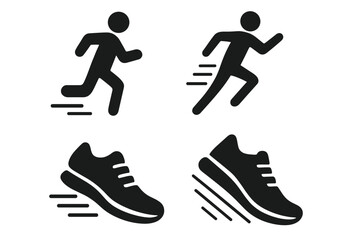 Running icons set with dynamic runner and fast running shoe silhouettes, vector illustration with transparent background, speed and motion symbols for sports and fitness designs