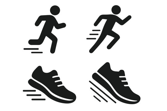Running icons set with dynamic runner and fast running shoe silhouettes, vector illustration with transparent background, speed and motion symbols for sports and fitness designs - Powered by Adobe