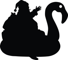 Santa claus silhouette riding a flamingo pool float isolated on white background
