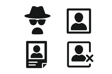 Set of unknown person icons including incognito spy, missing person, wanted poster, and lost anonymous silhouette symbols, solid vector illustration with transparent background