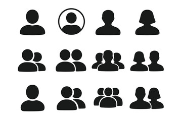User profile icon vector set, people silhouettes collection, transparent background avatars, individual and group user symbols, social network concept, simple black design