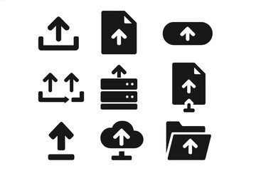 Set of black upload icons collection including file upload, cloud upload, server transfer, button upload, document upload, folder upload, arrow up transfer symbols, vector