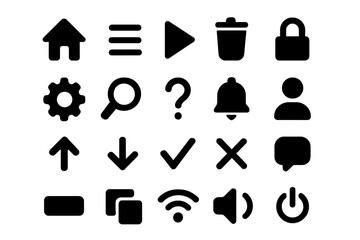 User Interface Icon Set, Basic UI and UX Solid Icons Pack, Vector Symbol Illustration Collection with Transparent Background, Navigation, Media, Security, Communication, Settings