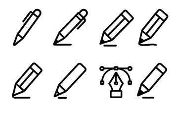 Write icon collection with pen and pencil tool vector illustration set, drawing and editing digital icons with transparent background for graphic design and creative projects