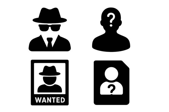 Unknown icon set of incognito mystery and anonymity concepts, missing person silhouette, wanted poster, lost anonymous identification, vector solid icons with transparent background