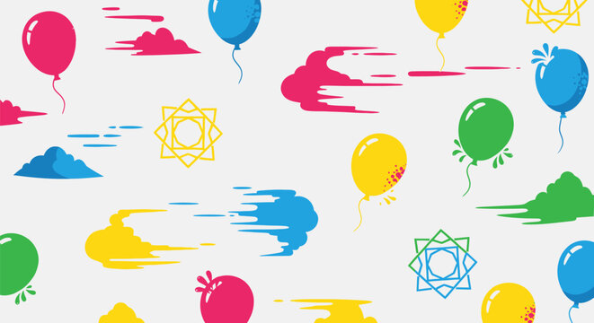 Playful pattern with balloons, clouds, and geometric shapes