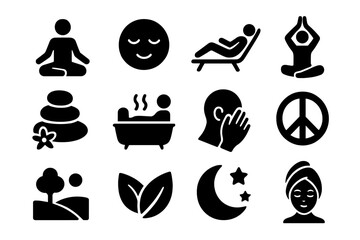 Relaxation and serenity glyph icon set. Concepts for mindfulness, meditation, yoga, spa, wellness, and self-care. Zen, peace, calm, and stress relief vector pictograms.