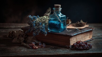 An eerie Halloween still life featuring an old spellbook a glowing potion bottle and dried herbs on a rustic wooden table