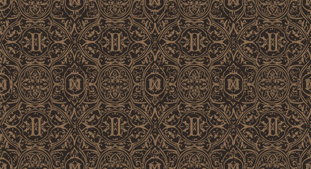 Baroque-style wallpaper with floral and letter motifs in brown tones