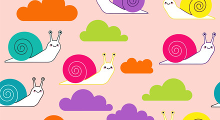 Cartoon snails and clouds on a light pink background, seamless pattern