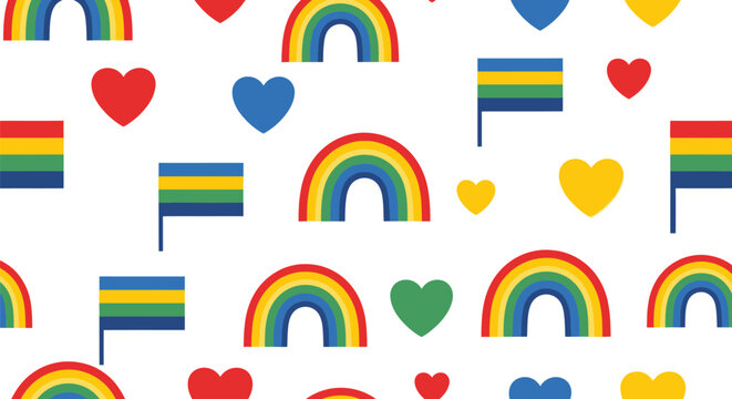 Rainbow, heart, and flag icons repeat on white background