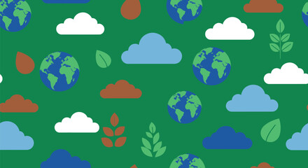 Flat design pattern of earth, clouds, leaves, and droplets on green