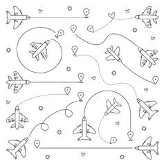 Various plane routes signs, vector airplane flight set, different aircraft paths collection, tracking lines with destinations. Black outline and dotted symbols