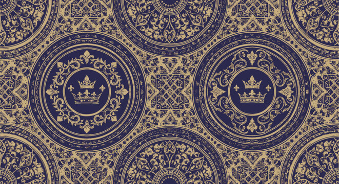 Ornate pattern with golden crowns, fleur-de-lis, & floral scrollwork on dark blue background