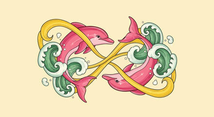 Cartoon illustration of pink dolphins intertwined with waves and ribbon