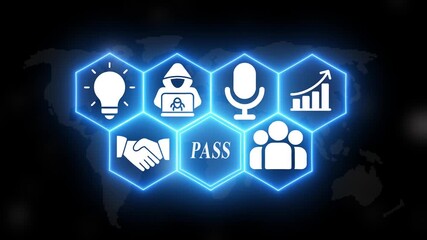 Digital security concept with glowing neon hexagons displaying icons for innovation cybersecurity collaboration communication and growth over a world map background - Powered by Adobe