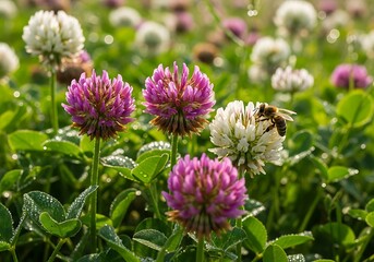 Fototapeta premium Wildflower meadow featuring clover, dandelions, and a bee collecting nectar