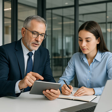 Senior male mentor guiding young businesswoman through digital tablet discussion in office setting showing leadership coaching