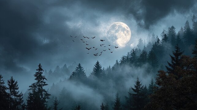 Dark forest on Halloween night full moon shining mysterious fog flying bats fantasy image composition