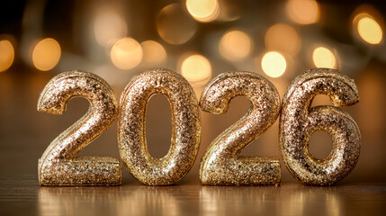Sparkling golden numbers represent the year 2026, set against a backdrop of warm, glowing lights that evoke celebration and hope