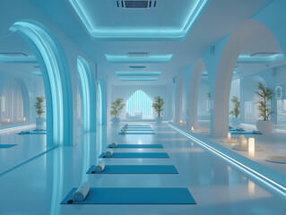 Fototapeta premium Futuristic yoga studio, yoga mat, rolled towel, ambient lighting, archway