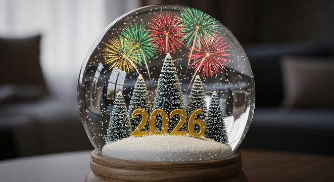 Festive 2024 New Year Snow Globe with Sparkle and Winter Scenery