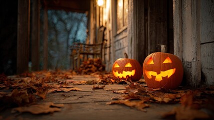 Obraz premium Halloween pumpkin lanterns glowing on rustic wooden porch autumn leaves scattered cozy seasonal photography background