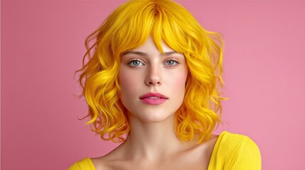 Naklejka premium A woman with yellow hair and a pink background. She is smiling and looking at the camera. Concept of happiness and positivity