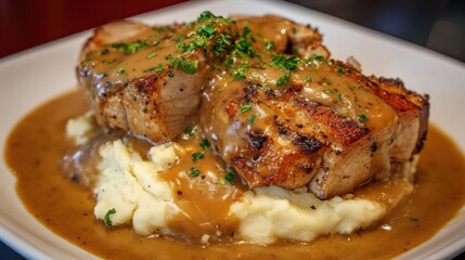 A plate of meat and mashed potatoes with gravy. The gravy is thick and brown, and the potatoes are cooked and mashed. The plate is set on a table, and the food looks delicious and inviting