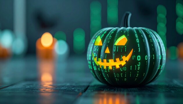 Innovative Halloween with photographic and realistic and striking aesthetic featuring bioluminescent code patterns rendered with depth of field and muted palette