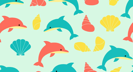 Seamless pattern with dolphins and seashells on a light green background