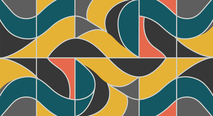 Obraz premium Pattern with curves, lines, and solid blocks of teal, yellow, orange, dark gray