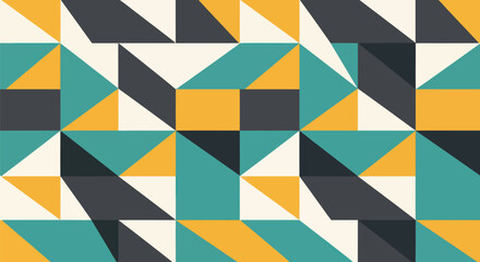 Colorful geometric pattern. Teal, yellow, off-white and grey shapes interlock in a complex, abstract design